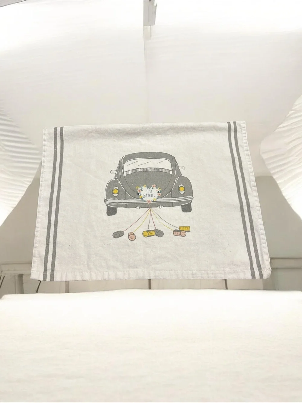 Vintage Just Married Tea Towel - Gray and Cream with Yellow Accents